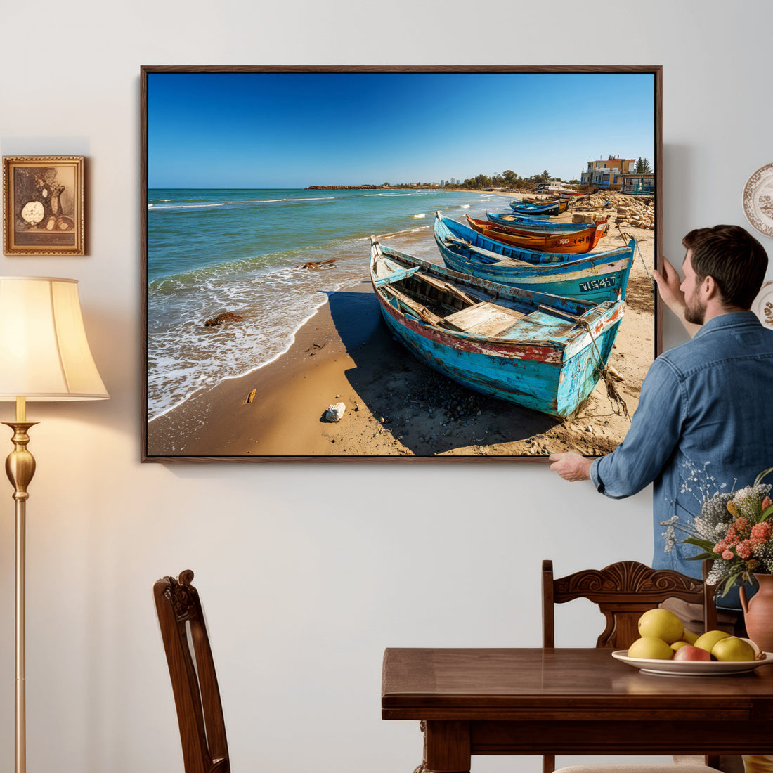 Coastal Fishing Boats Wall Art Canvas Print, Sunset Beach