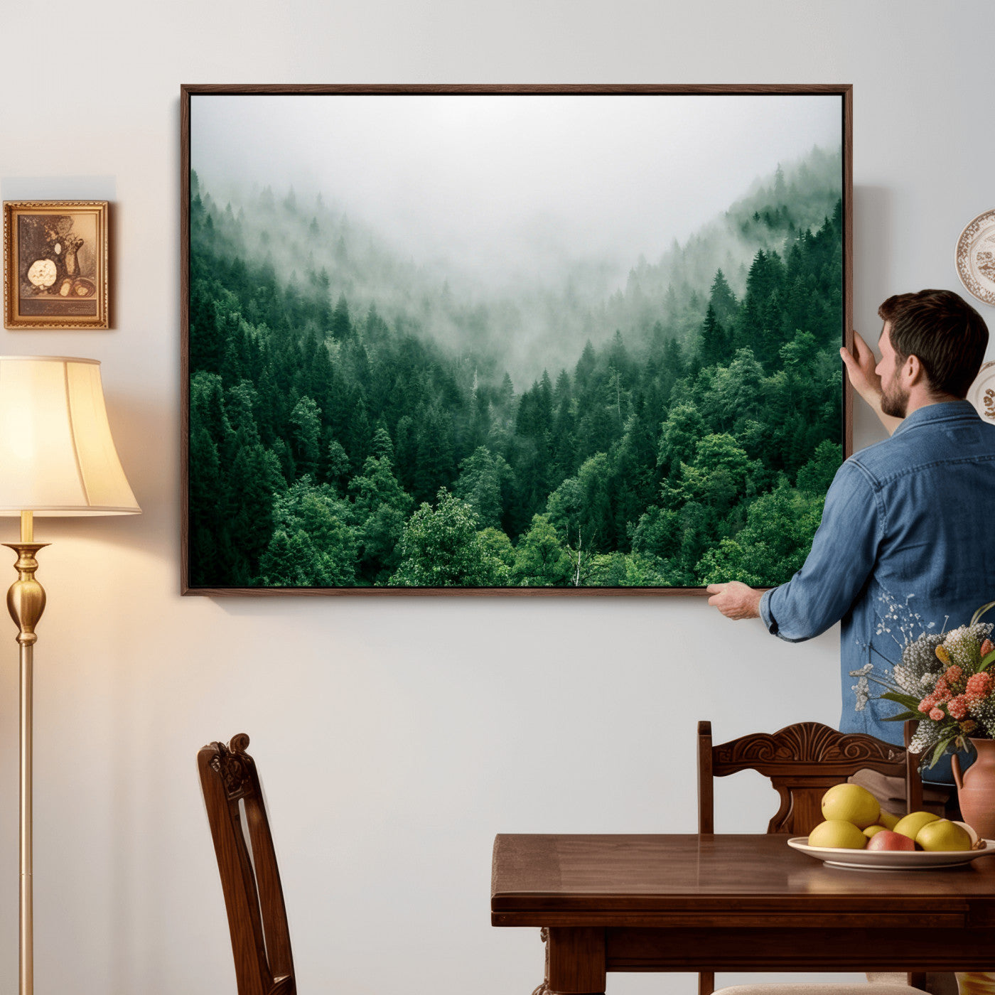 61640815-MGV-CV-36X24 - Misty Pine Forest Wall Art Canvas Print, Foggy Evergreen Landscape Wall Decor, Moody Green Nature Artwork, Minimal Forest Canvas Wall Art, Framed Canvas Wall Art Ready to Hang