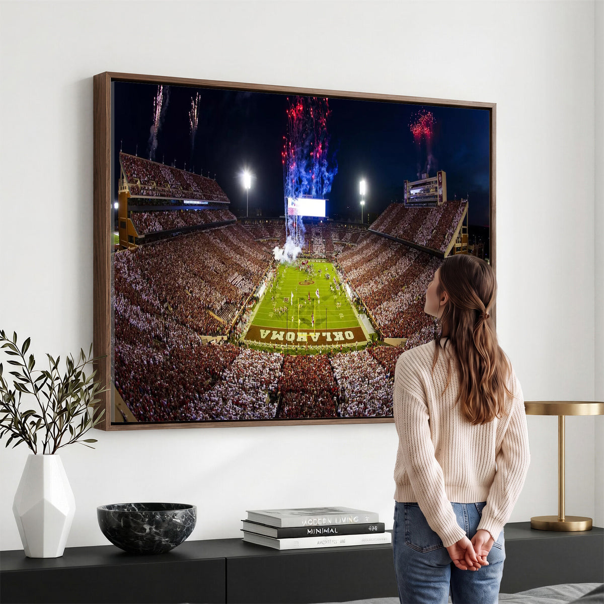 43197777-MGV-CV-36X24 - Oklahoma Memorial Stadium Wall Art Canvas Print – Oklahoma Sooners Football Artwork for Home, Office, and Sports Room Decor