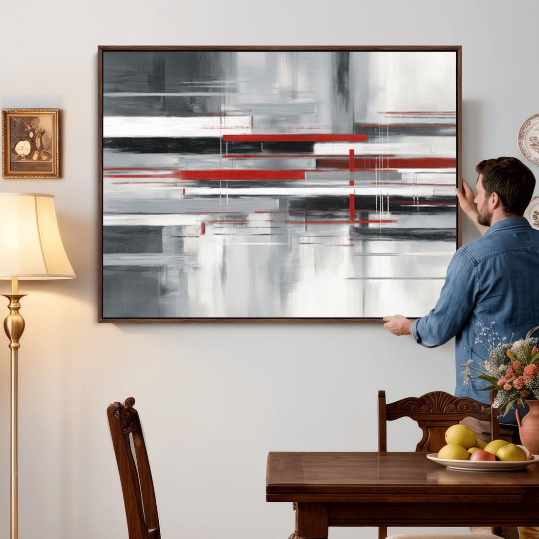 Gray Red Abstract Wall Art Canvas Print, Modern Abstract Decor for Living Room and Office