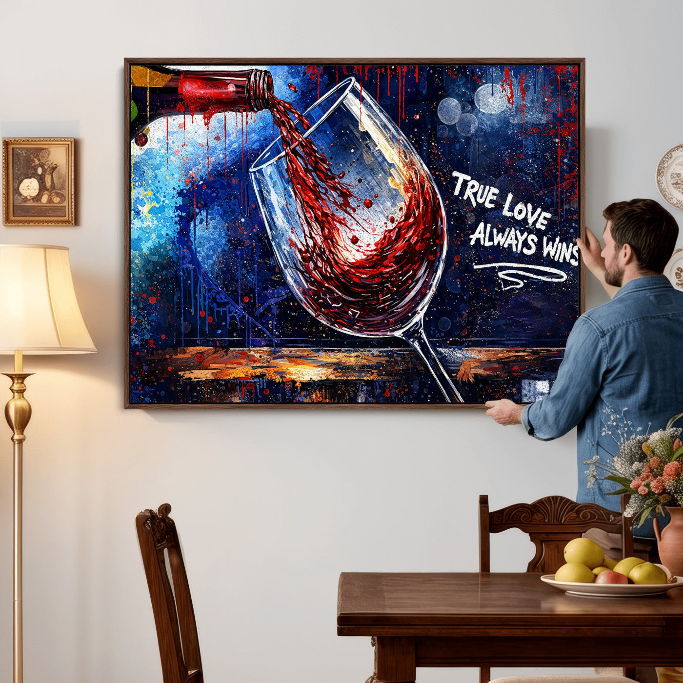 88788932-MGV-CV-36X24 - Red Wine Splash Abstract Wall Art Canvas Print, Modern Wine Glass Painting Canvas Print, Romantic Quote Contemporary Bar Art Print