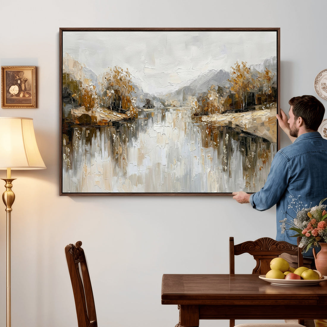 Neutral Abstract Lake Landscape Wall Art Canvas Print