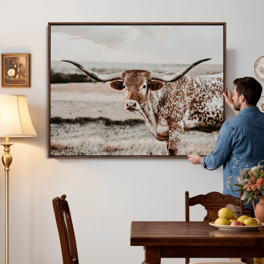 Texas Longhorn Bull Rustic Wall Art Canvas Print, Framed and Ready to Hang