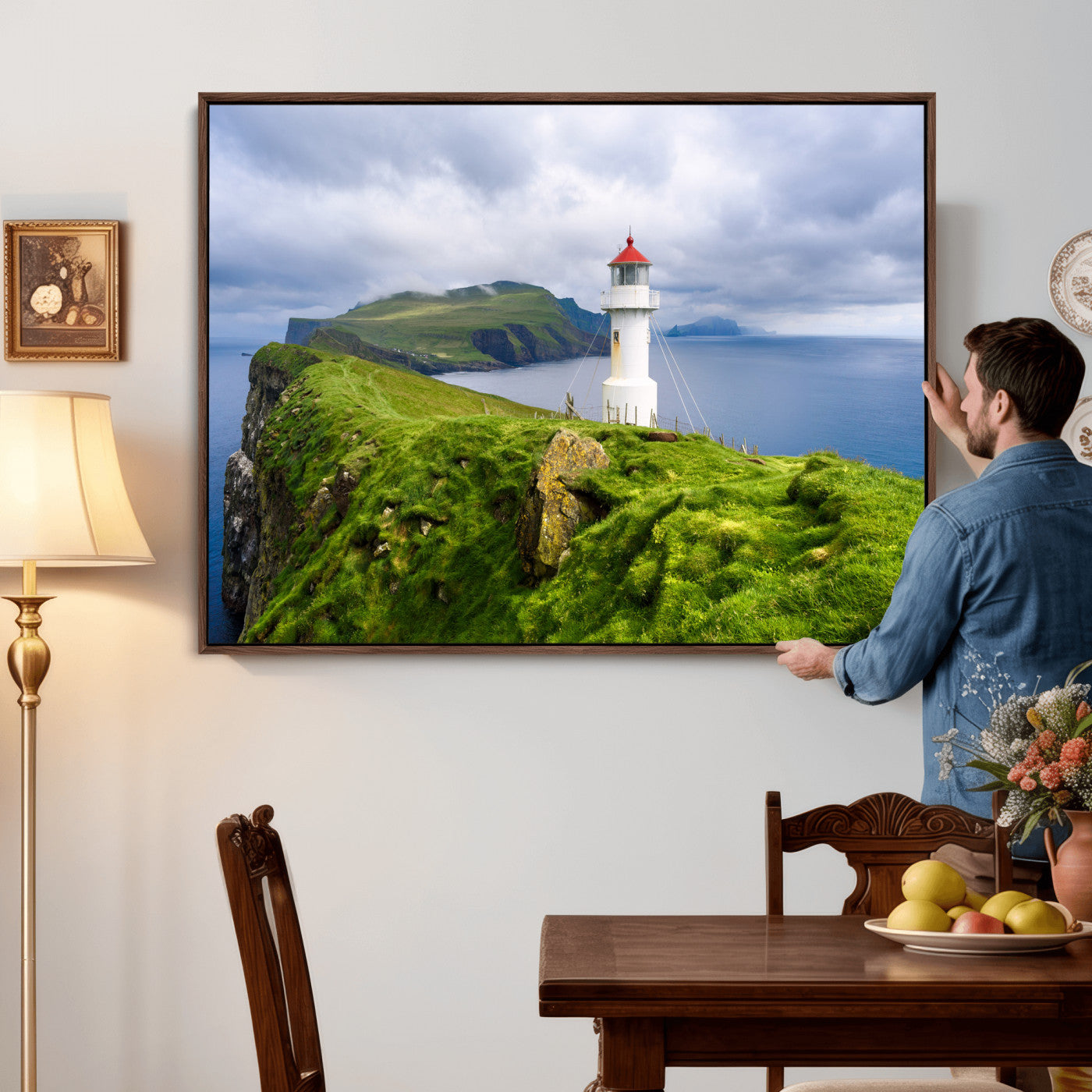 10680390-MGV-CV-36X24 - Coastal Lighthouse Wall Art Canvas Print, Cliffside Ocean Landscape Canvas Print, Scandinavian Coastal Decor for Living Room