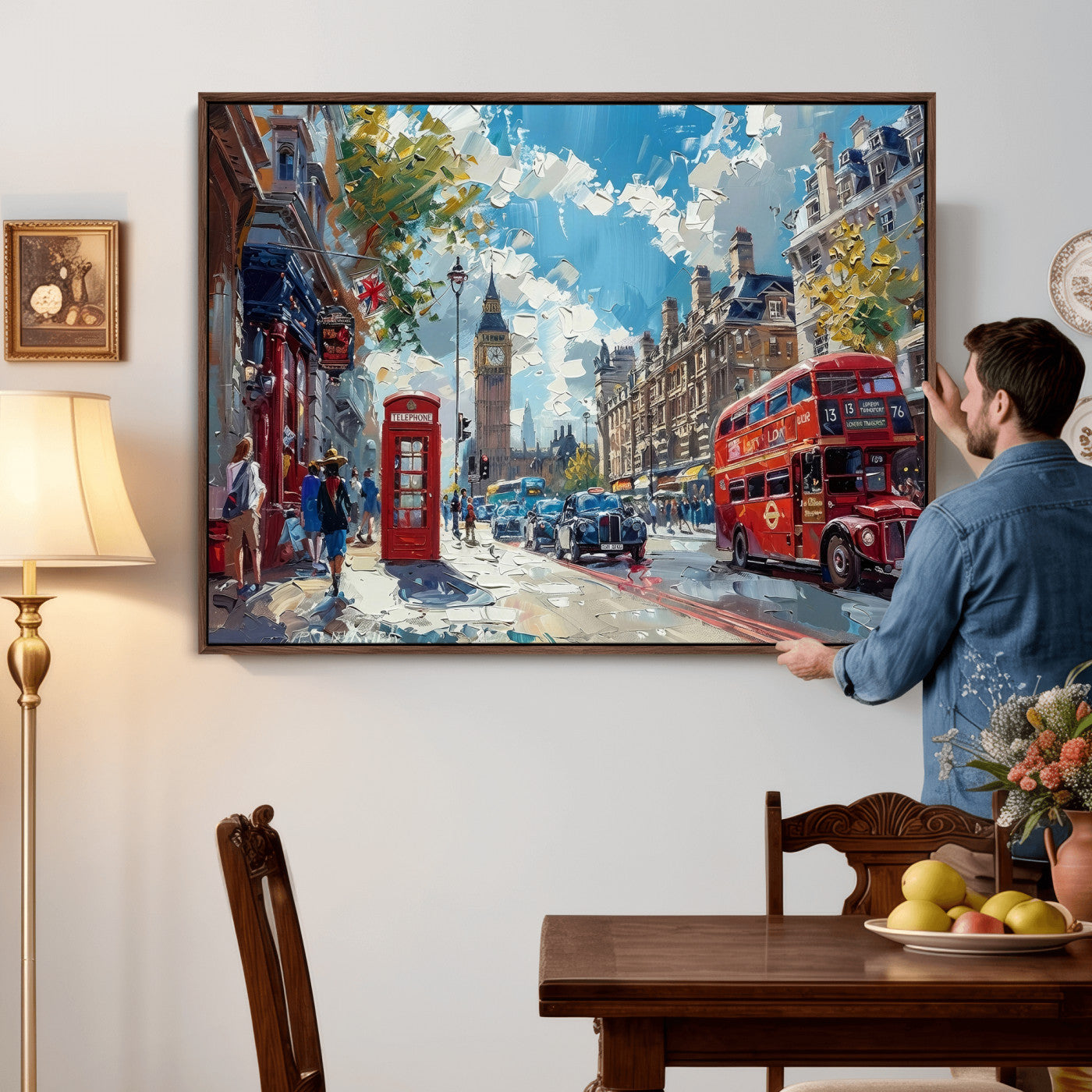 17630888-MGV-CV-36X24 - Modern London City Street Wall Art Canvas Print, Big Ben & Red Bus Artwork Canvas Print