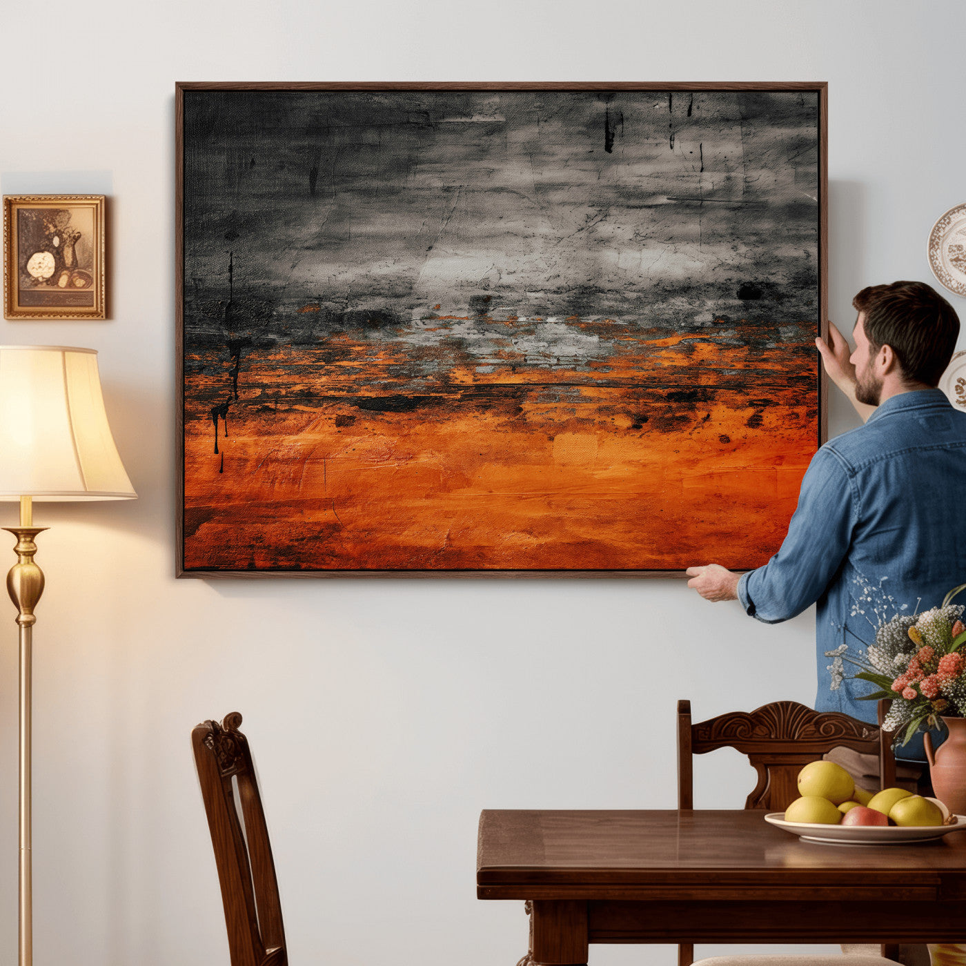 75409282-MGV-CV-36X24 - Black Orange Abstract Wall Art Canvas Print Modern Textured Painting Decor