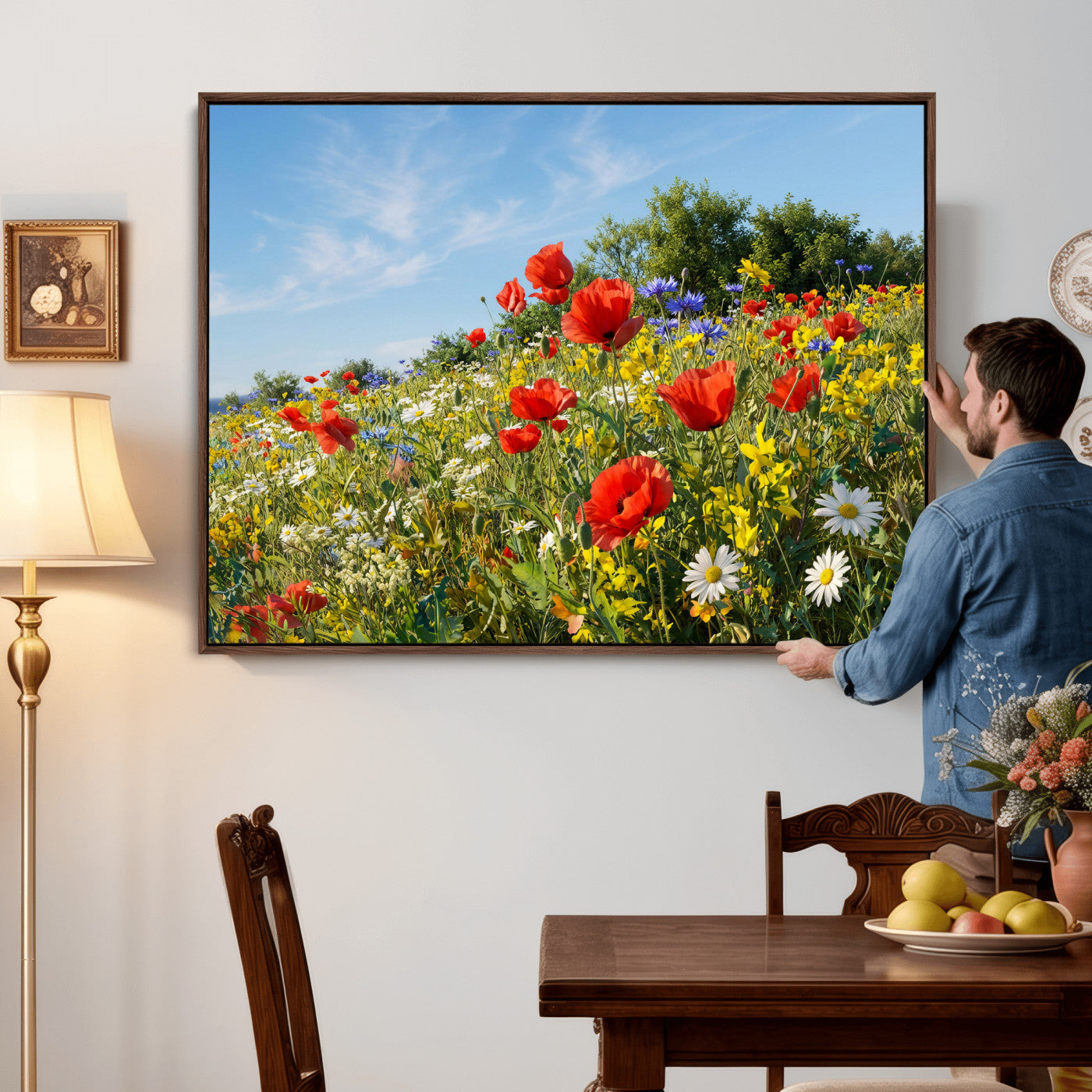 38570784-MGV-CV-36X24 - Wildflower Meadow Wall Art Canvas Print – Colorful Poppy and Daisy Field Landscape Artwork for Living Room Decor