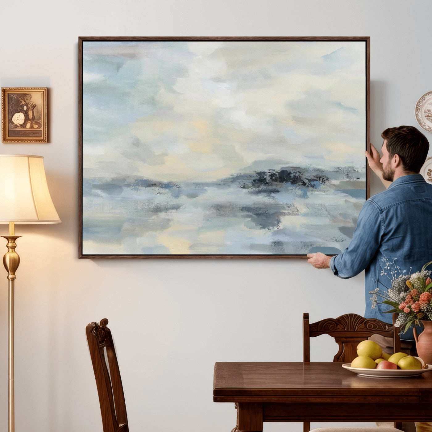24647355-MGV-CV-36X24 - Abstract Coastal Landscape Wall Art Canvas Print – Soft Blue Gray Minimalist Painting