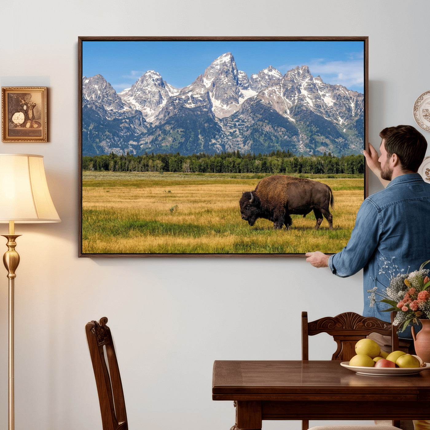 20424529-MGV-CV-36X24 - Bison in Mountain Landscape Wall Art Canvas Print – Western Wildlife Artwork for Rustic Living Room Decor
