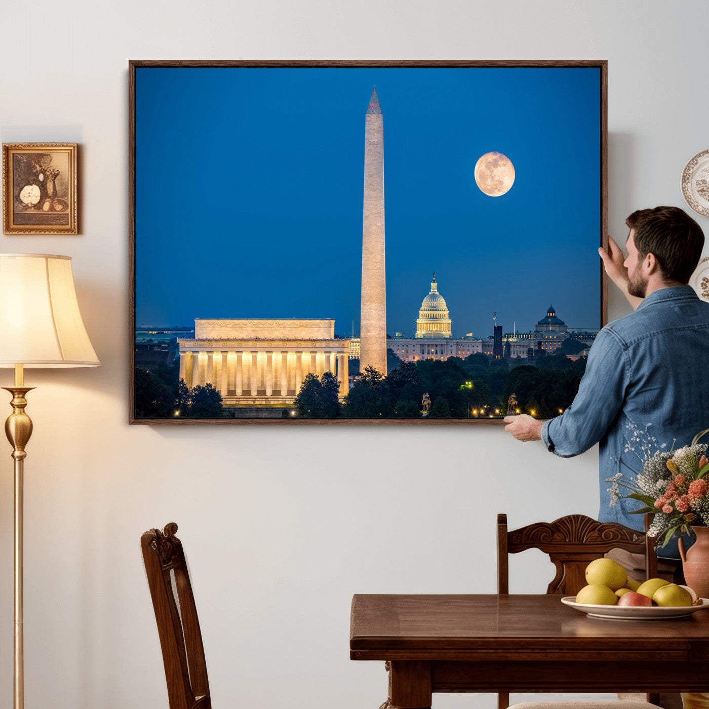 96712946-MGV-CV-36X24 - Washington DC Skyline Wall Art Canvas Print – Lincoln Memorial, Washington Monument and US Capitol Night Cityscape Artwork