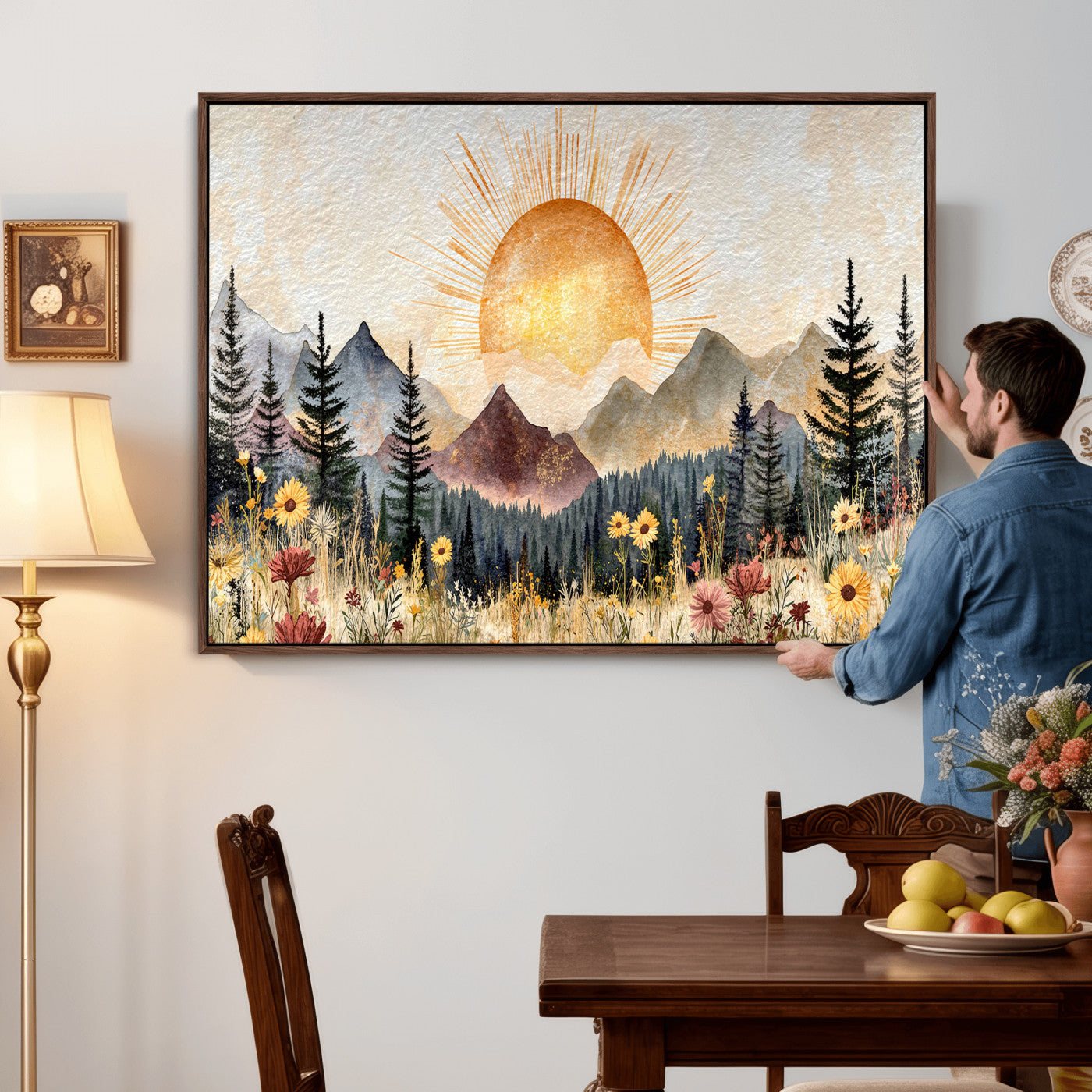 69025244-MGV-CV-36X24 - Boho Mountain Landscape Large Wall Art, Horizontal Gold Framed Canvas Print with Sun and Flowers