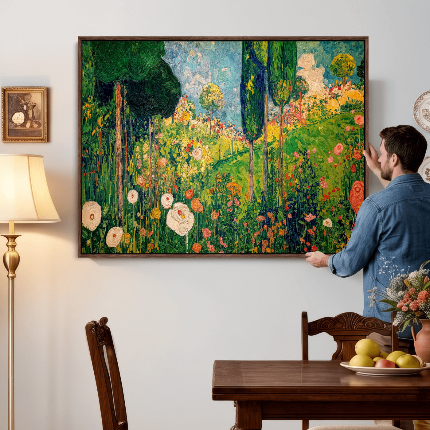 83517974-MGV-CV-36X24 - Gustav Klimt Boho Mountain Landscape Large Wall Art, Horizontal Gold Framed Canvas Print with Sun and Flowers