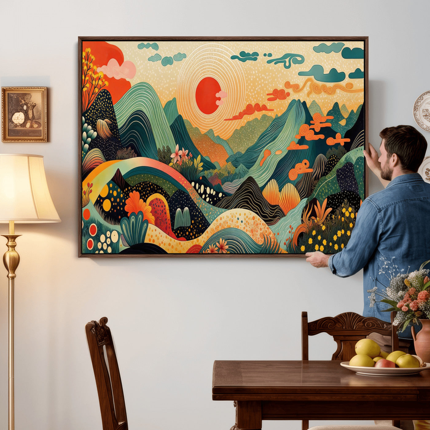 29927191-MGV-CV-36X24 - Yayoi Kusama Boho Mountain Landscape Large Wall Art, Horizontal Gold Framed Canvas Print with Sun and Flowers