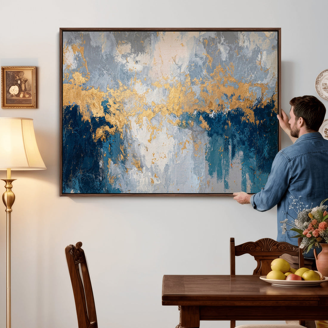 Blue Gold Abstract Large Framed Canvas Wall Art, Modern Luxury Print