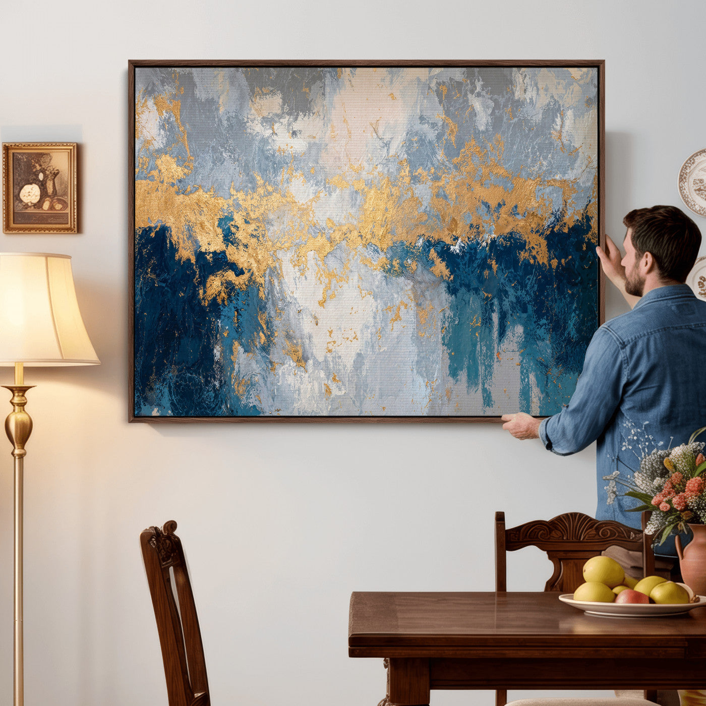 65386119-MGV-CV-36X24 - Blue Gold Abstract Large Framed Canvas Wall Art, Modern Luxury Painting Print in Horizontal Oversized Minimal Wall Decor Artwork