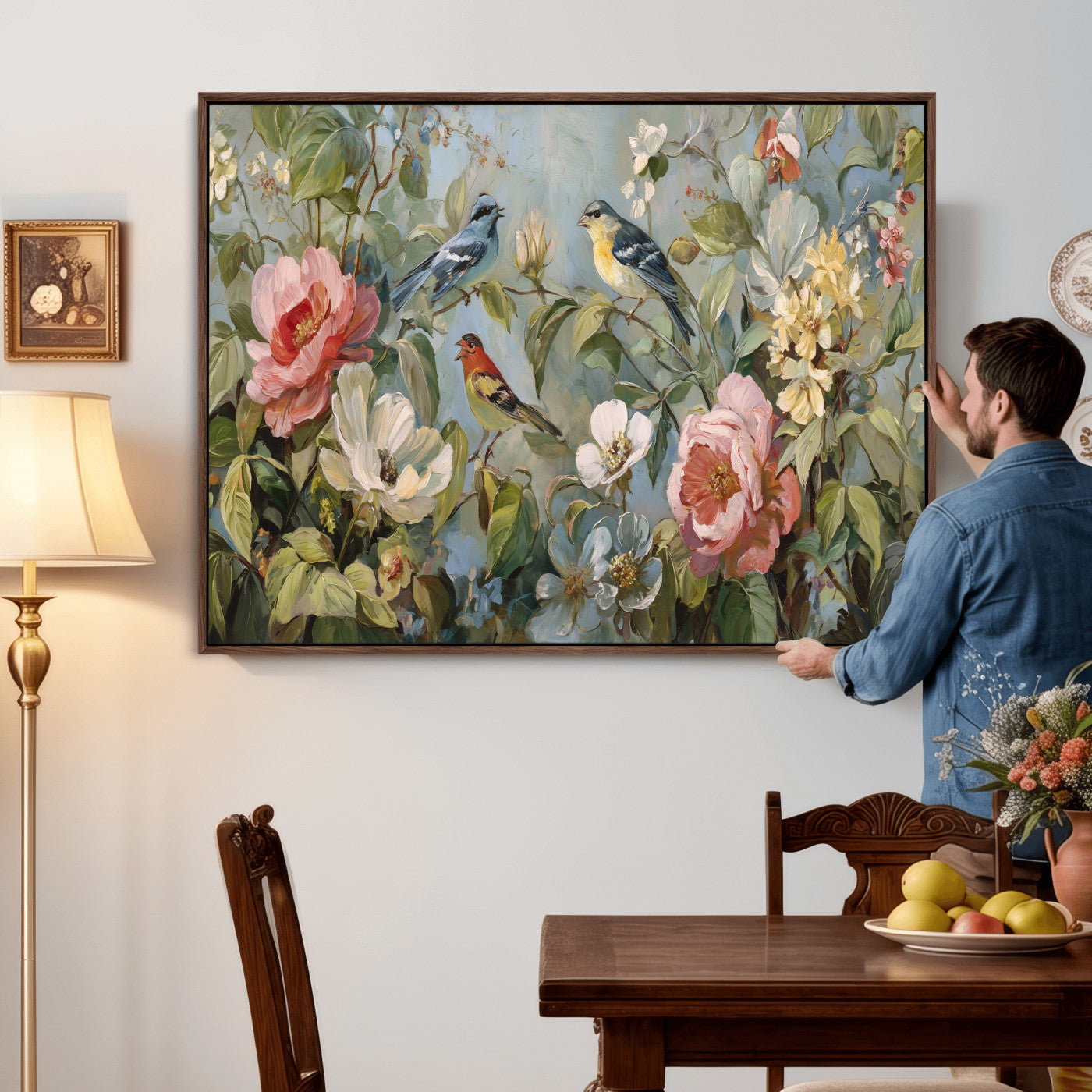 55440837-MGV-CV-36X24 - Vintage Birds and Flowers Wall Art Canvas Print, Botanical Bird Painting Canvas Print, Floral Garden Bird Artwork Canvas Print, Classic Bird Flower Painting Canvas Print