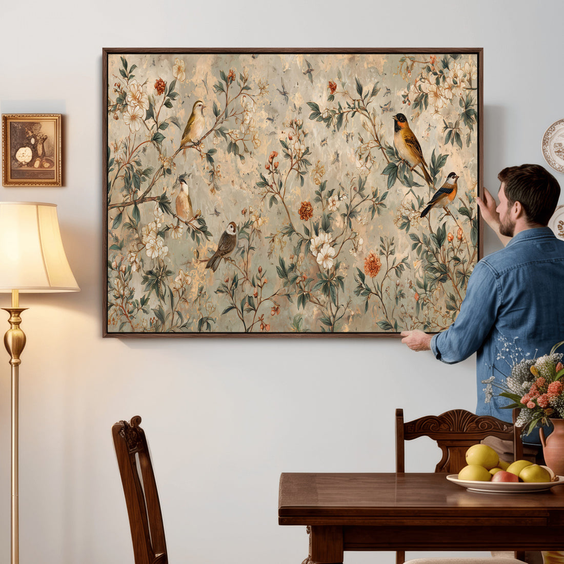 Vintage Birds and Flowers Wall Art Canvas Print, Botanical Bird Art