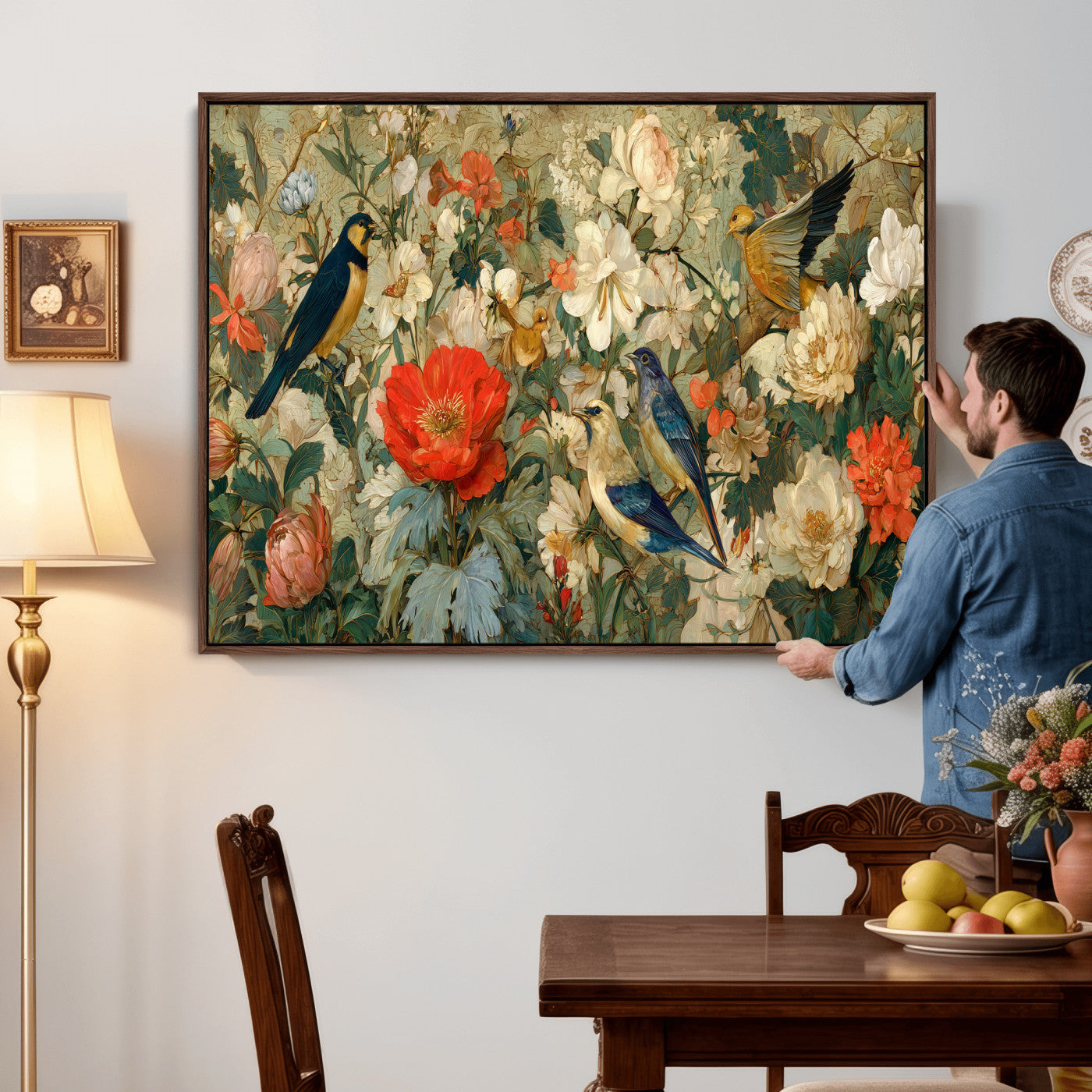 52904757-MGV-CV-36X24 - Vintage Birds and Flowers Wall Art Canvas Print, Botanical Bird Painting Canvas Print, Floral Garden Bird Artwork Canvas Print, Classic Bird Flower Painting Canvas Print