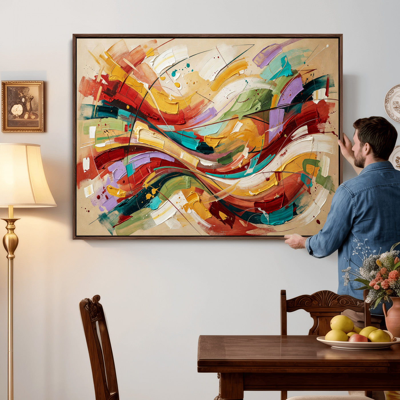 39887645-MGV-CV-36X24 - Geometric Abstract Wall Art Canvas Print, Orange Blue Abstract Expressionist Painting Print, Modern Geometric Abstract Canvas Art