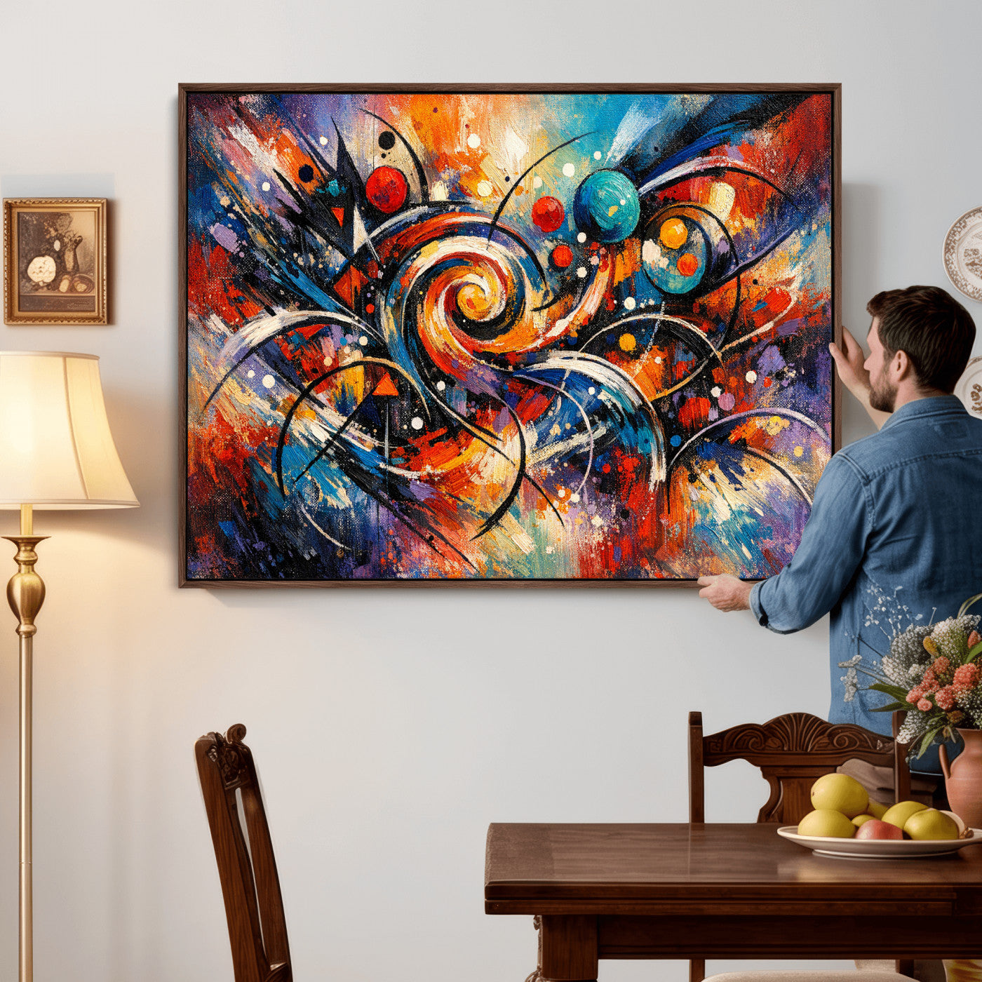 60193267-MGV-CV-36X24 - Geometric Abstract Wall Art Canvas Print, Orange Blue Abstract Expressionist Painting Print, Modern Geometric Abstract Canvas Art