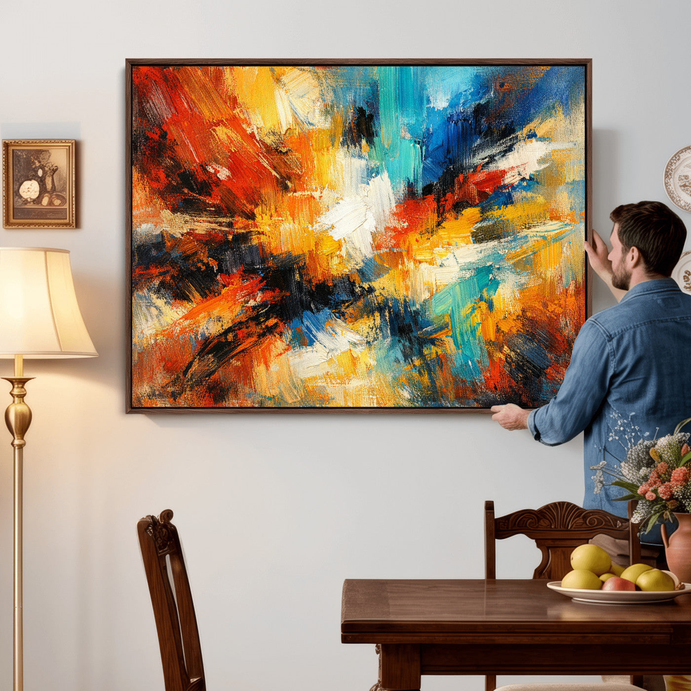 93167583-MGV-CV-36X24 - Geometric Abstract Wall Art Canvas Print, Orange Blue Abstract Expressionist Painting Print, Modern Geometric Abstract Canvas Art