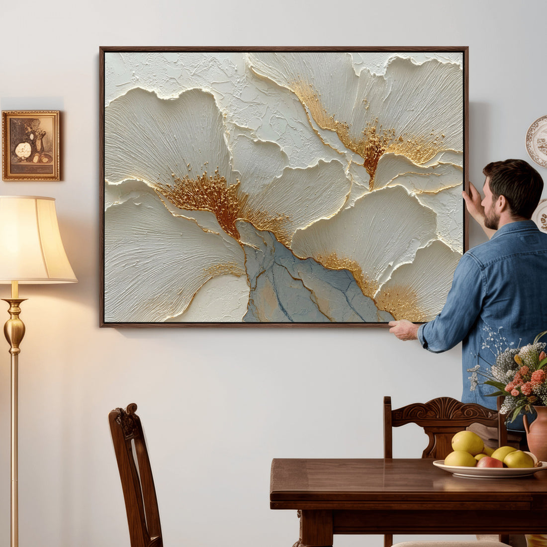 White Gold Floral Canvas Wall Art, Painterly Style Flower Print