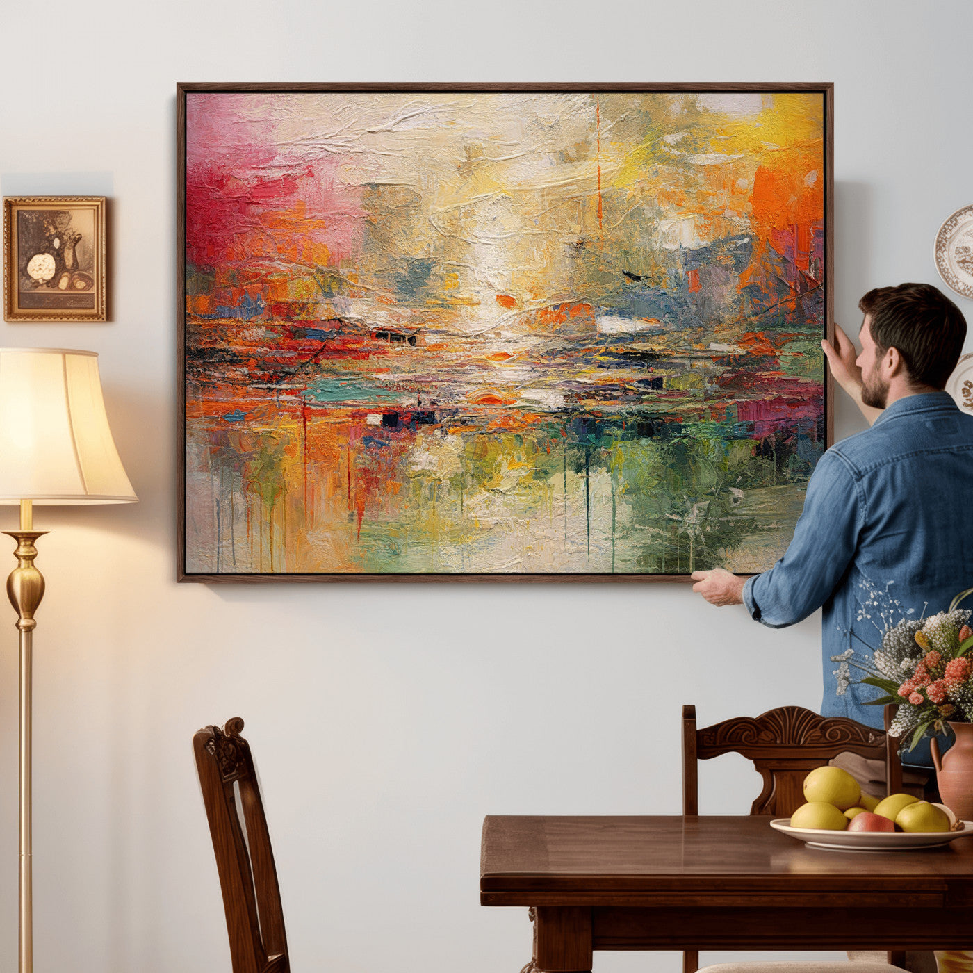 4712069P1-MGV-CV-36X24 - Colorful Abstract Canvas Wall Art — Large Textured Oil Painting Style Print | Orange Red Boho Wall Decor | Modern Living Room Art | Bold Wall Art