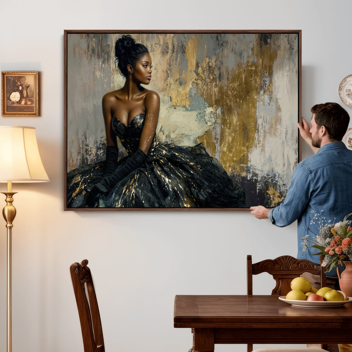 4712069Z1-MGV-CV-36X24 - Elegant Woman Canvas Wall Art — Black Gold Gown Fashion Print | Luxury Glam Wall Decor | African American Art | Bold Bedroom Wall Art Gift