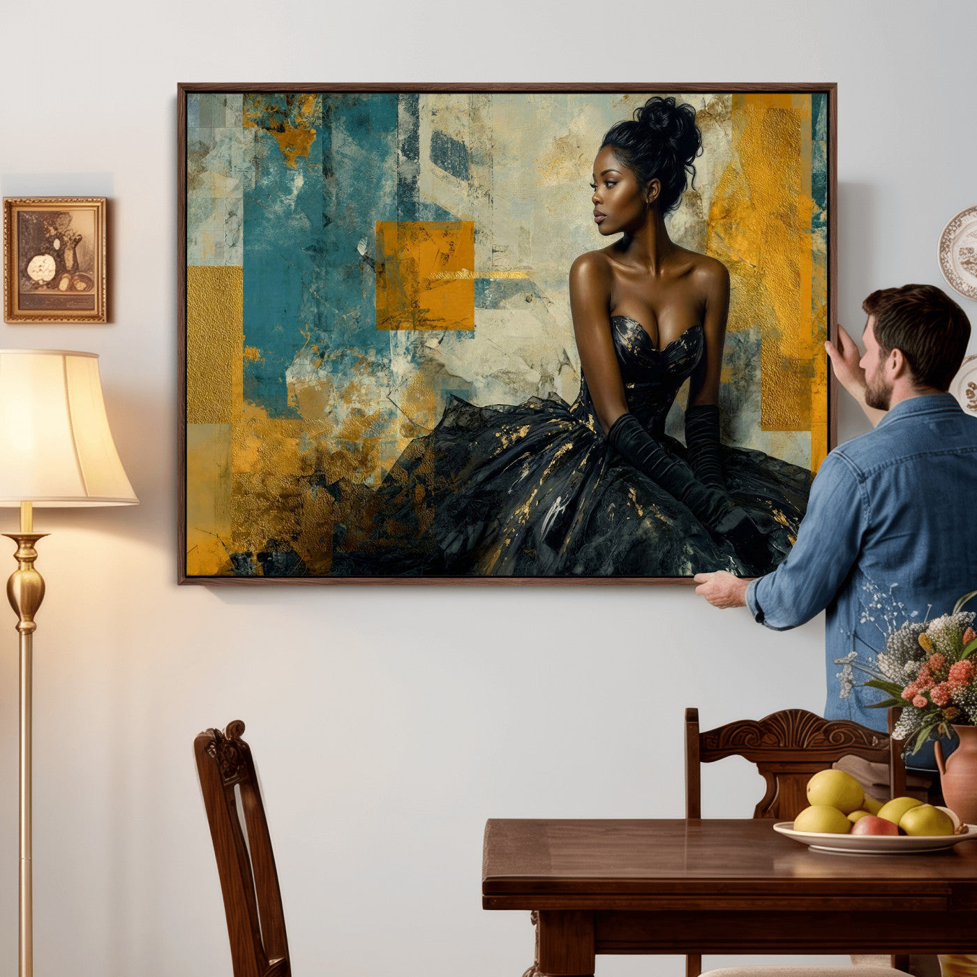 4712069Z21-MGV-CV-36X24 - Elegant Woman Canvas Wall Art — Black Gold Gown Fashion Print | Luxury Glam Wall Decor | African American Art | Bold Bedroom Wall Art Gift
