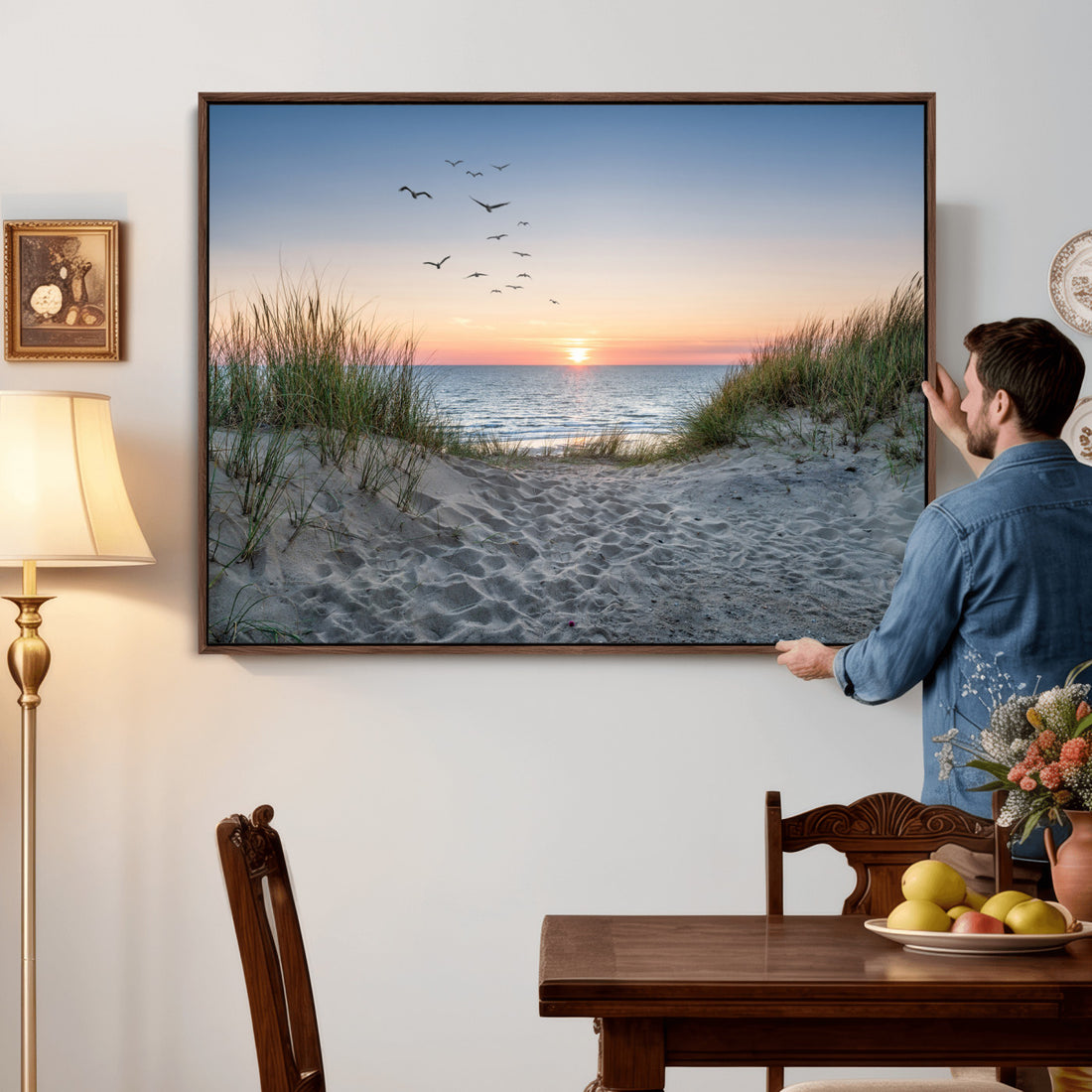 Sandy Dune Path Sunset Canvas Wall Art | Seagulls Beach Photography