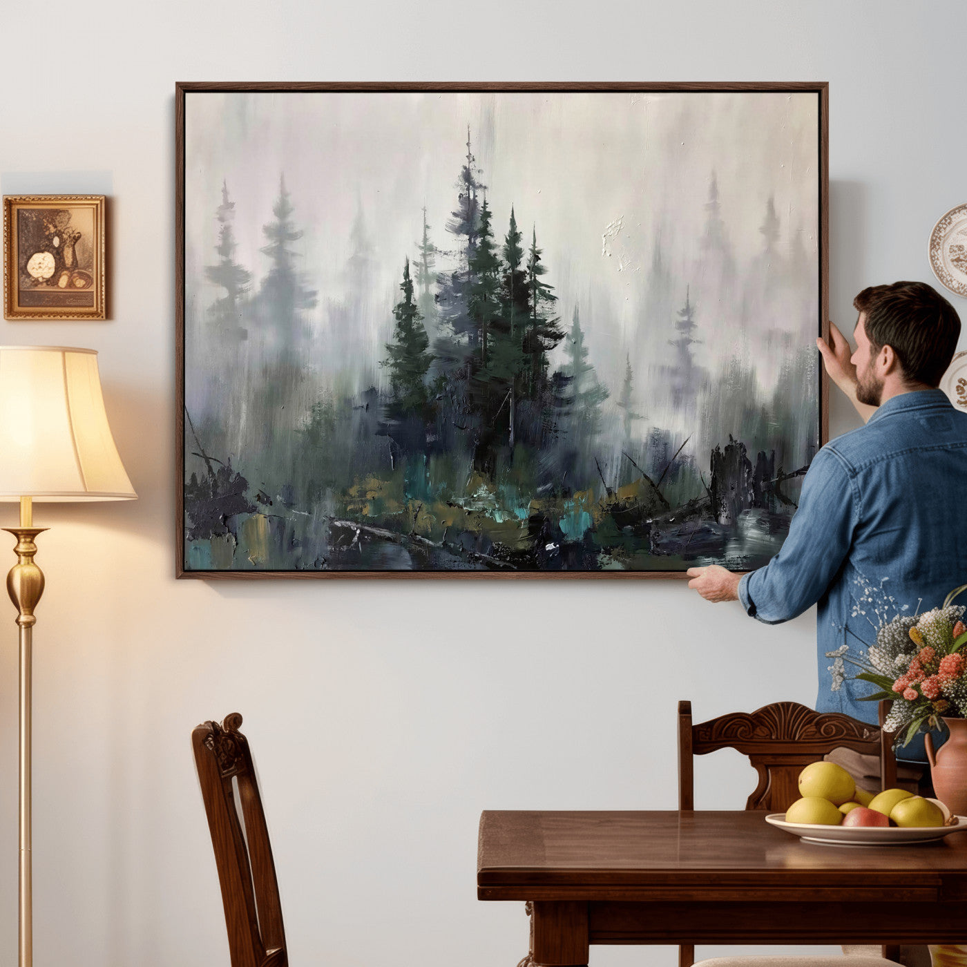 94143325-MGV-CV-36X24 - Misty Pine Forest Oil Painting Canvas — Dark Moody Teal Grey Tree Print | Japandi Scandinavian Wall Art | Minimalist Nature Decor Gift