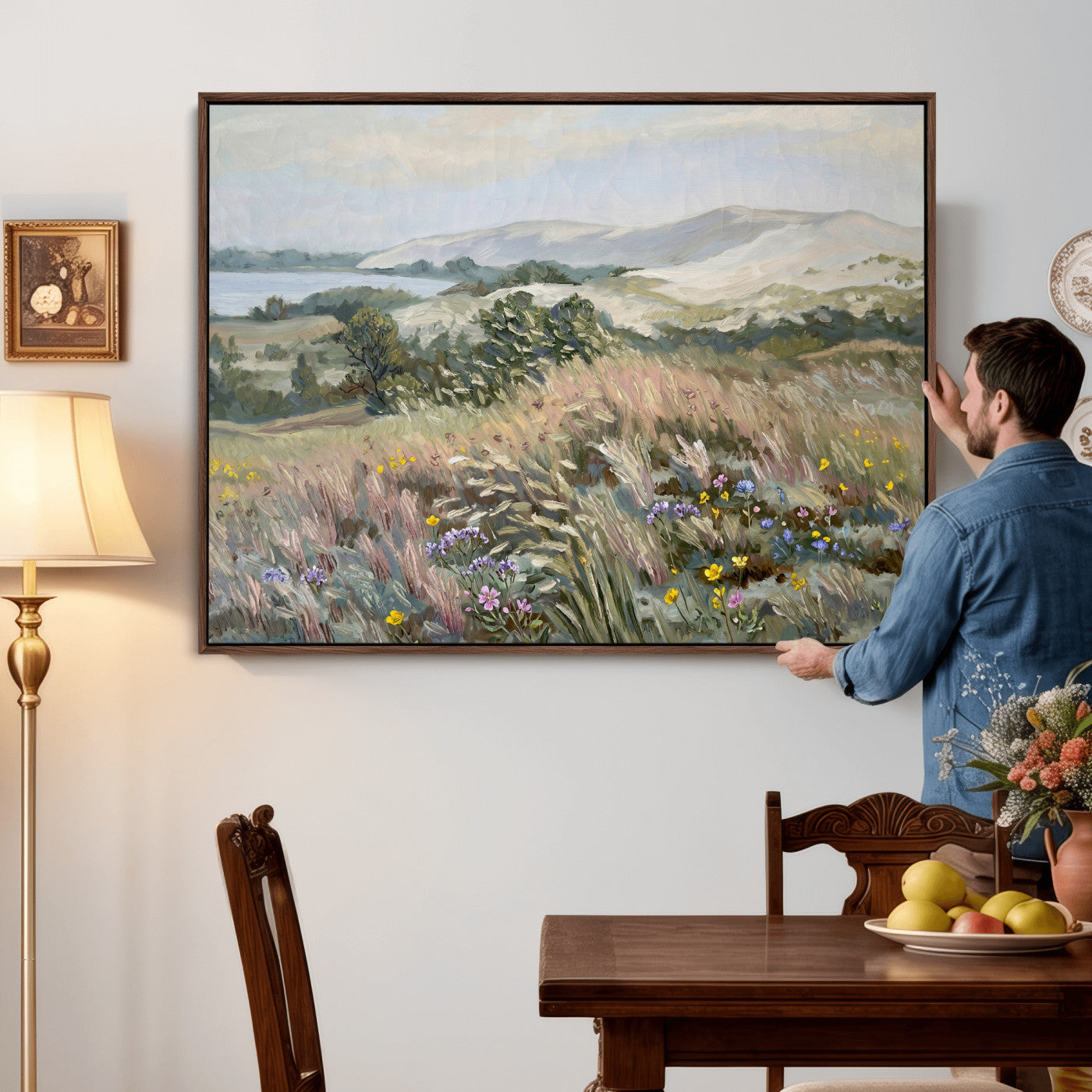 18013232-MGV-CV-36X24 - Katie Staples Hillside Canvas Wall Art — Coastal Wildflower Dune Oil Painting Print | Muted Green Nature Decor | Plein Air Landscape Gift