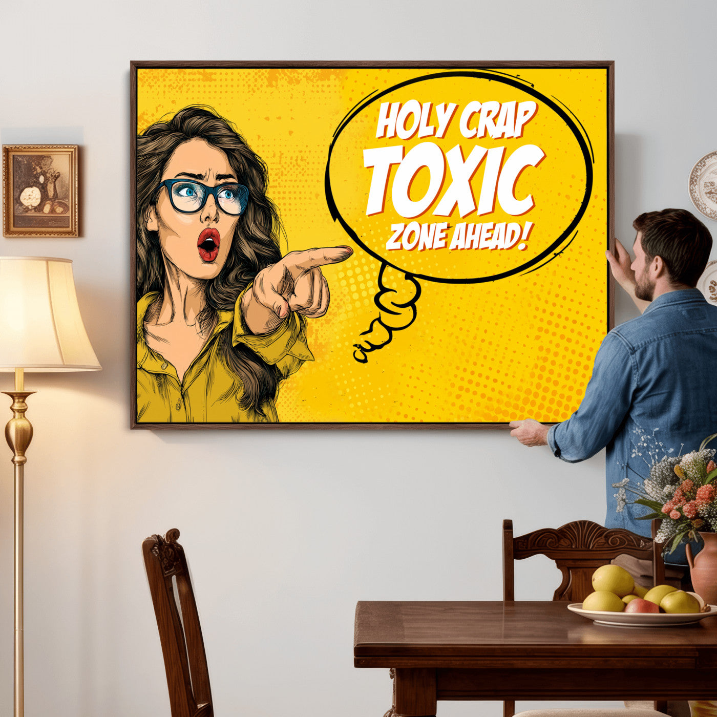 79751885-MGV-CV-36X24 - Pop Art Print Bathroom Sign Wall Art Canvas Print — Funny Bathroom Canvas | Comic Style Toilet Wall Decor | Humor Gift | Yellow Bold Bathroom Art
