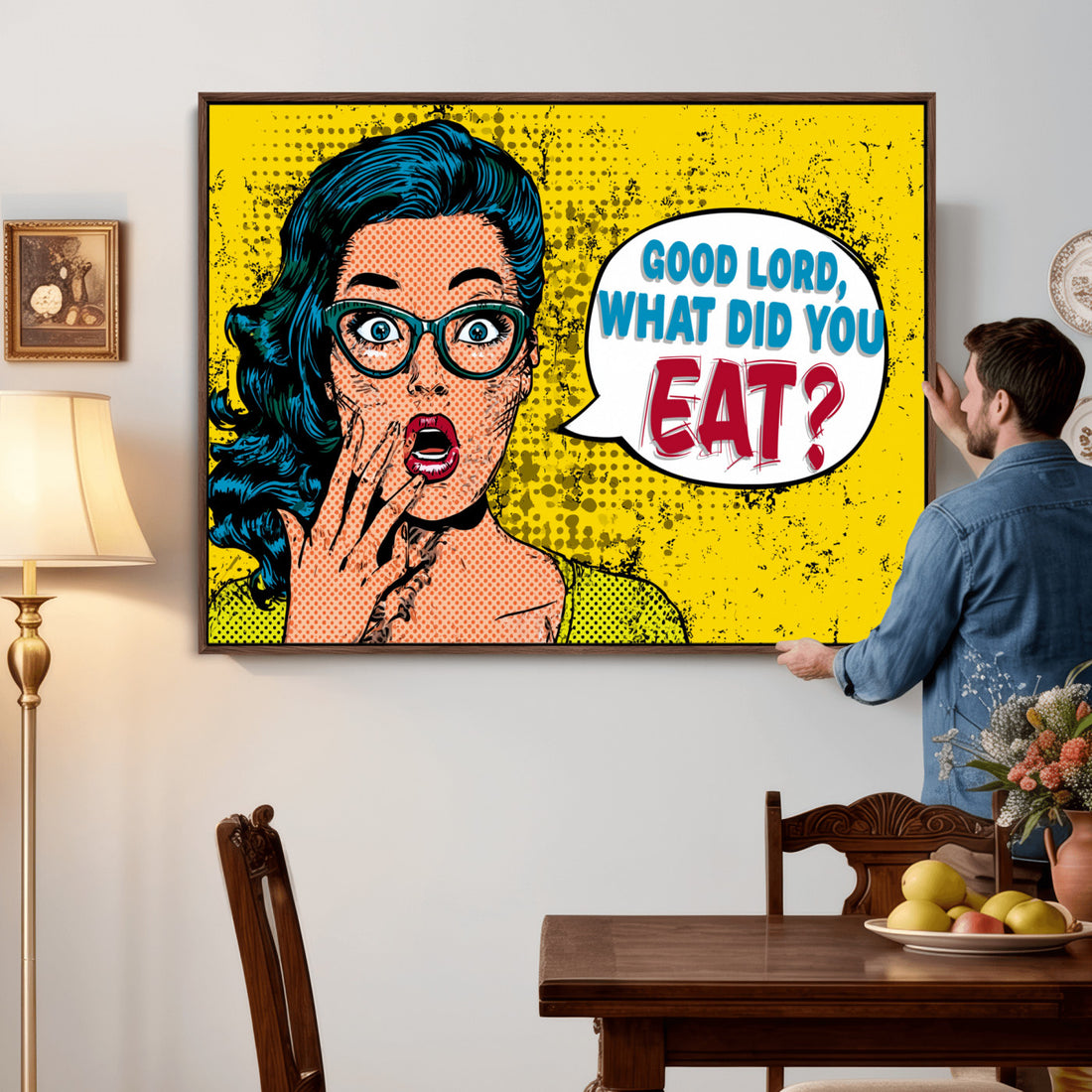 Pop Art Bathroom Sign Wall Art Canvas Print | Funny Yellow Comic Toilet Decor
