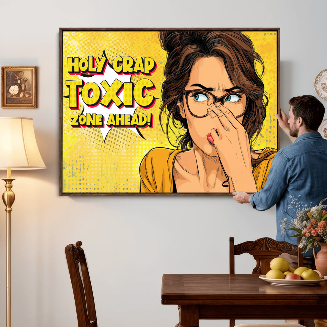 Pop Art Bathroom Sign Wall Art Canvas Print | Funny Yellow Comic Toilet Decor