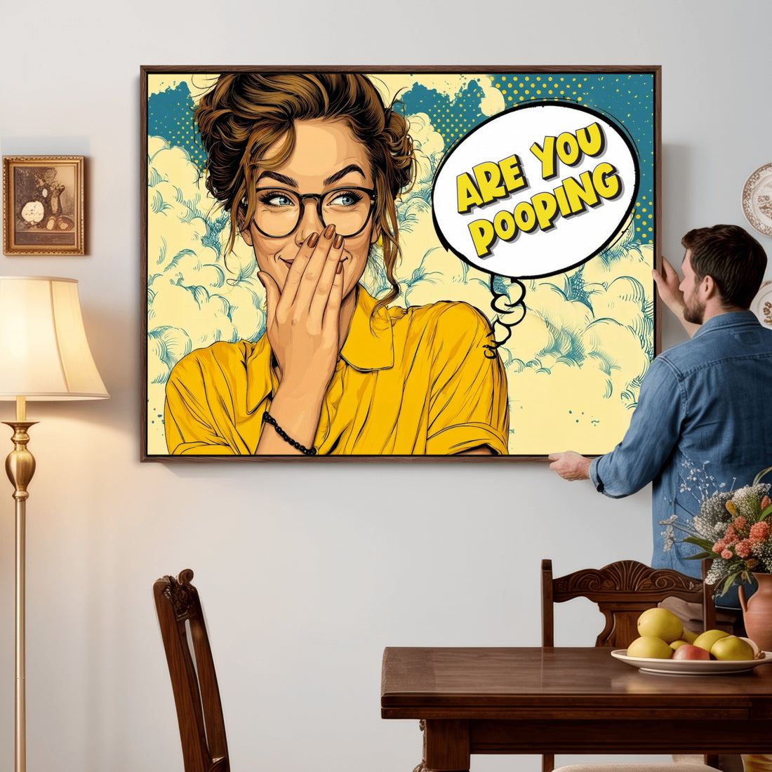 Pop Art Bathroom Sign Wall Art Canvas Print | Funny Are You Pooping Comic Sign