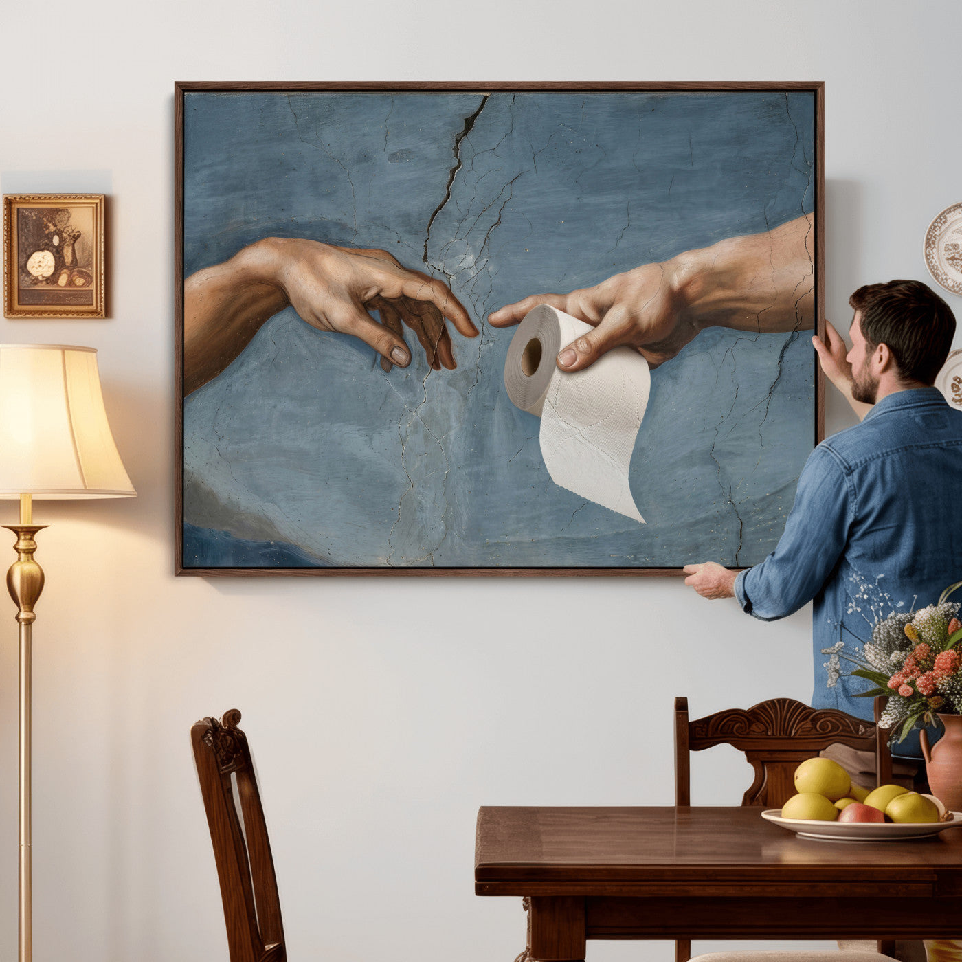 42648143-MGV-CV-36X24 - Funny Bathroom Canvas Wall Art, Michelangelo Creation of Adam Toilet Paper Parody, Renaissance Humor Print, Quirky Housewarming Gift, Toilet Room Decor