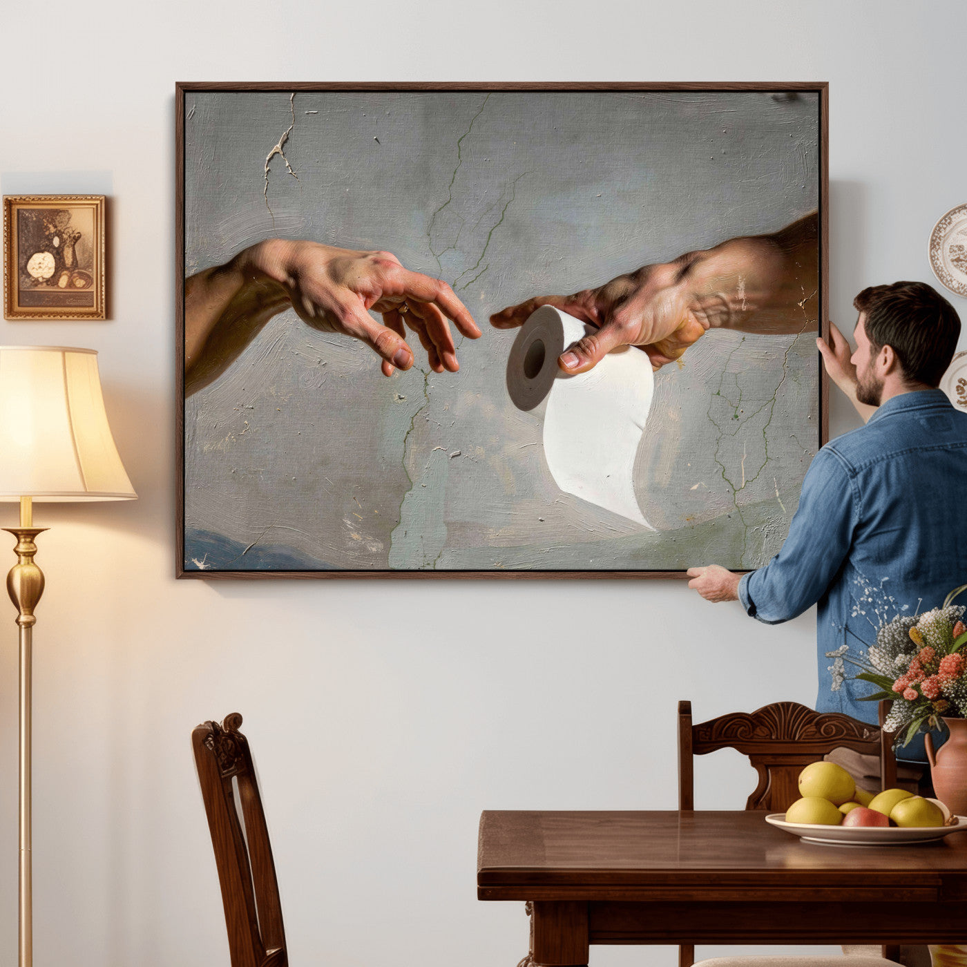 72030048-MGV-CV-36X24 - Funny Bathroom Wall Art Canvas, Creation of Toilet Paper Parody Print, Renaissance Humor Decor, Toilet Room Art, Quirky Housewarming Gift, Classic Art Spoof