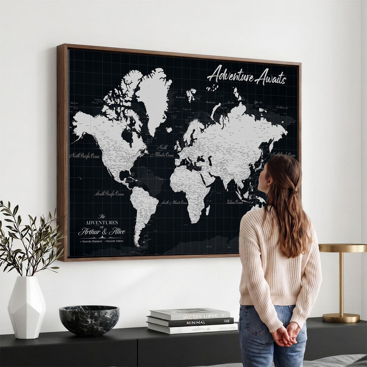 19855445B-MGV-CV-36X24 - Personalized Black Push Pin Travel Map Canvas Print, Couples Countries Visited Map, Entryway and Hallway Decor