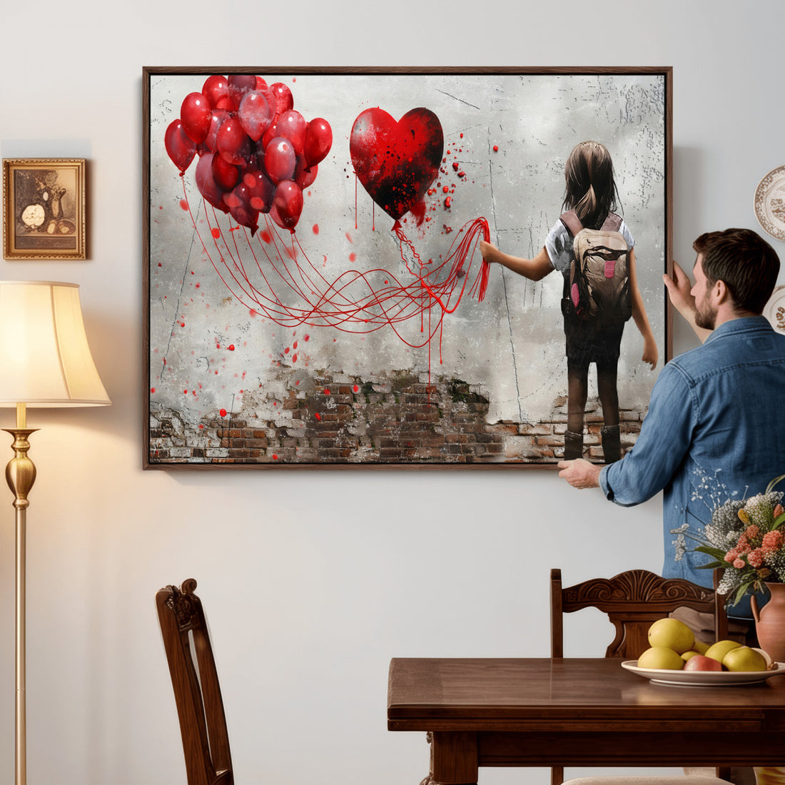 Girl Graffiti Wall Art Canvas Print, Red Balloon Heart