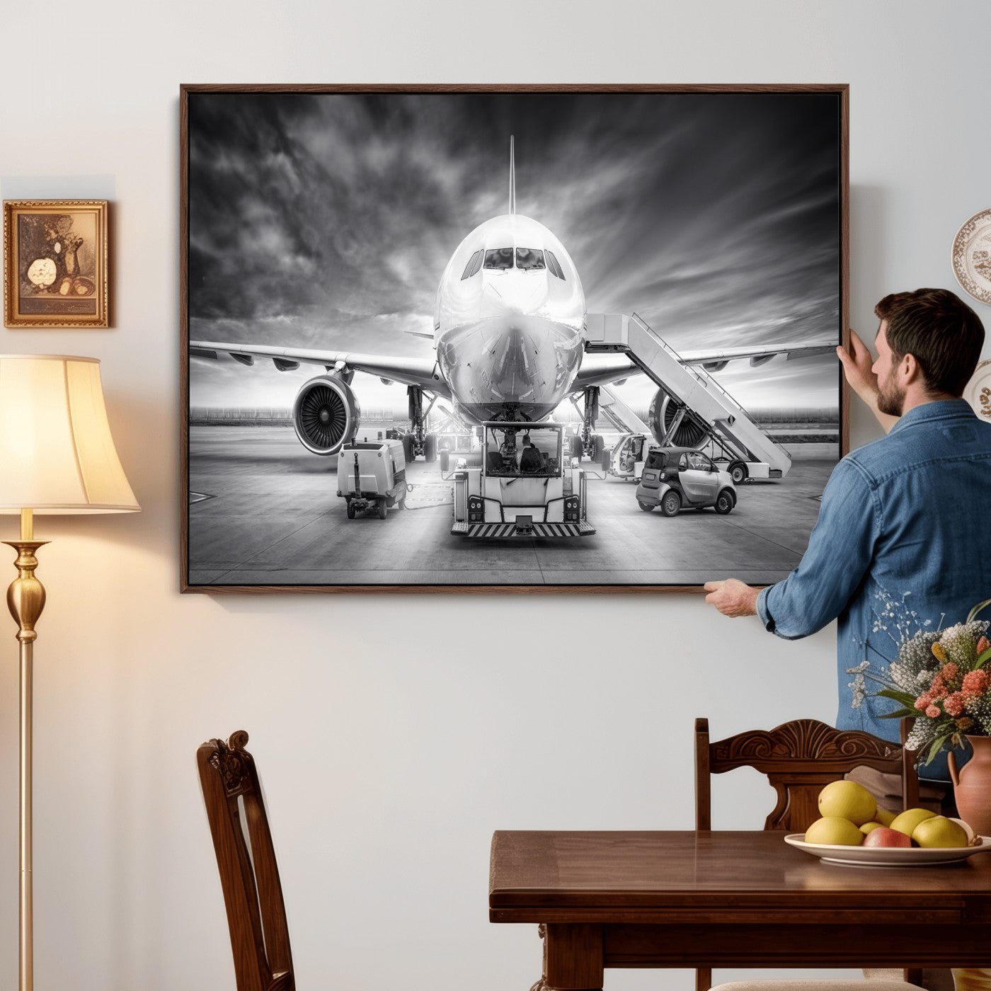 85885848-MGV-CV-36X24 - Airplane Wall Art Canvas Print, Black and White Jet Aircraft Airport Runway Framed Aviation Artwork for Pilot Office Hangar Travel Decor