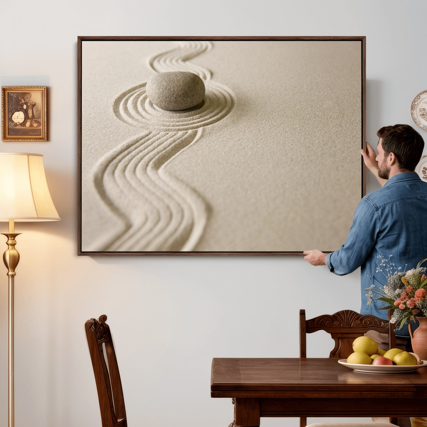 66852661-MGV-CV-36X24 - Zen Garden Stone Sand Canvas | Japanese Rock Garden Wall Art | Minimalist Meditation Print | Neutral Beige Mindfulness Decor