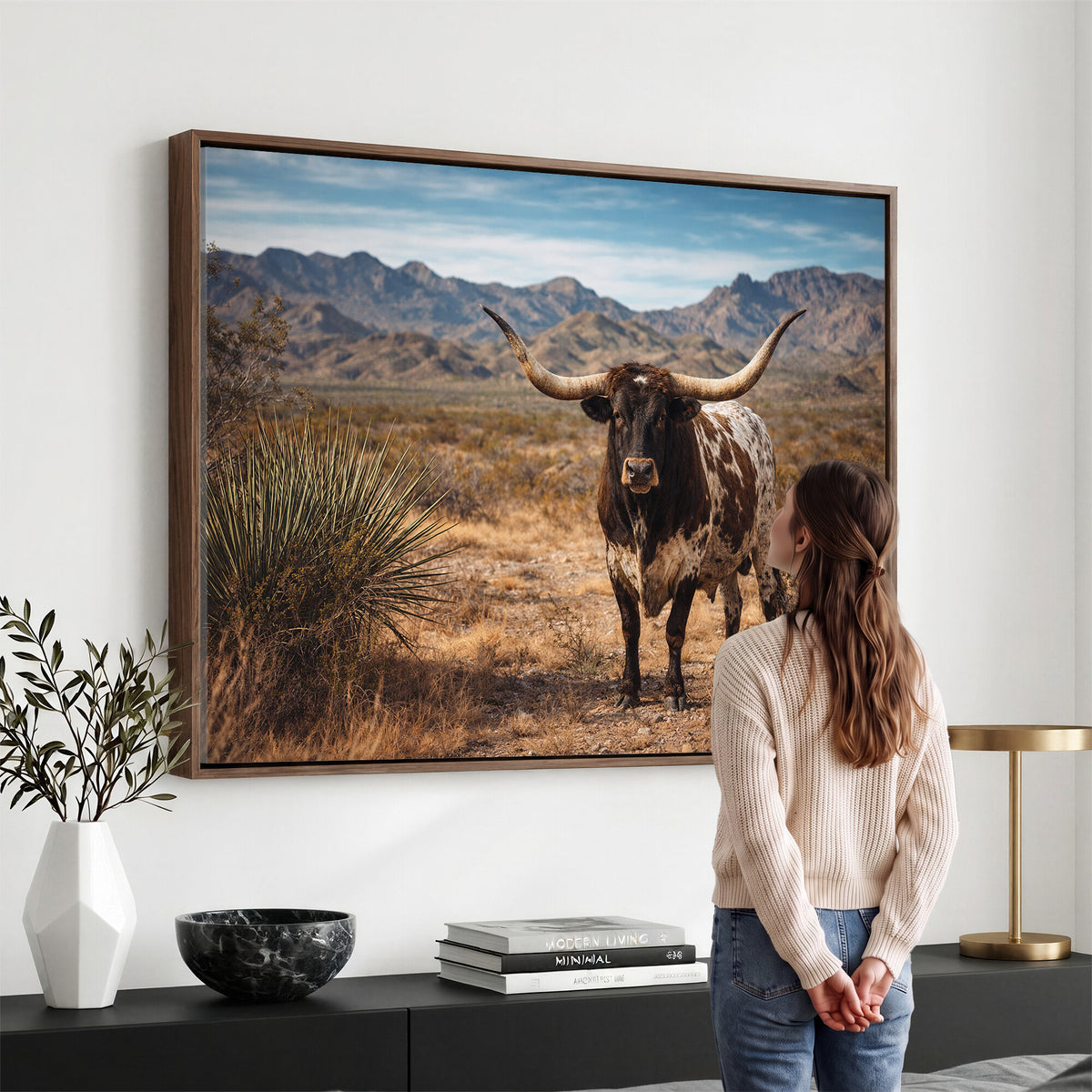 17622011S-MGV-CV-36X24 - Texas Longhorn Bull Wall Art Canvas Print, Western Farmhouse Cowboy Decor, Rustic Texas Ranch Cattle Artwork for Living Room Bedroom Office, Framed Wall Decor