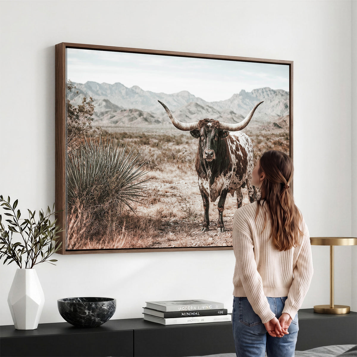 17622011H-MGV-CV-36X24 - Texas Longhorn Bull Wall Art Canvas Print, Western Farmhouse Cowboy Decor, Rustic Texas Ranch Cattle Artwork for Living Room Bedroom Office, Framed Wall Decor