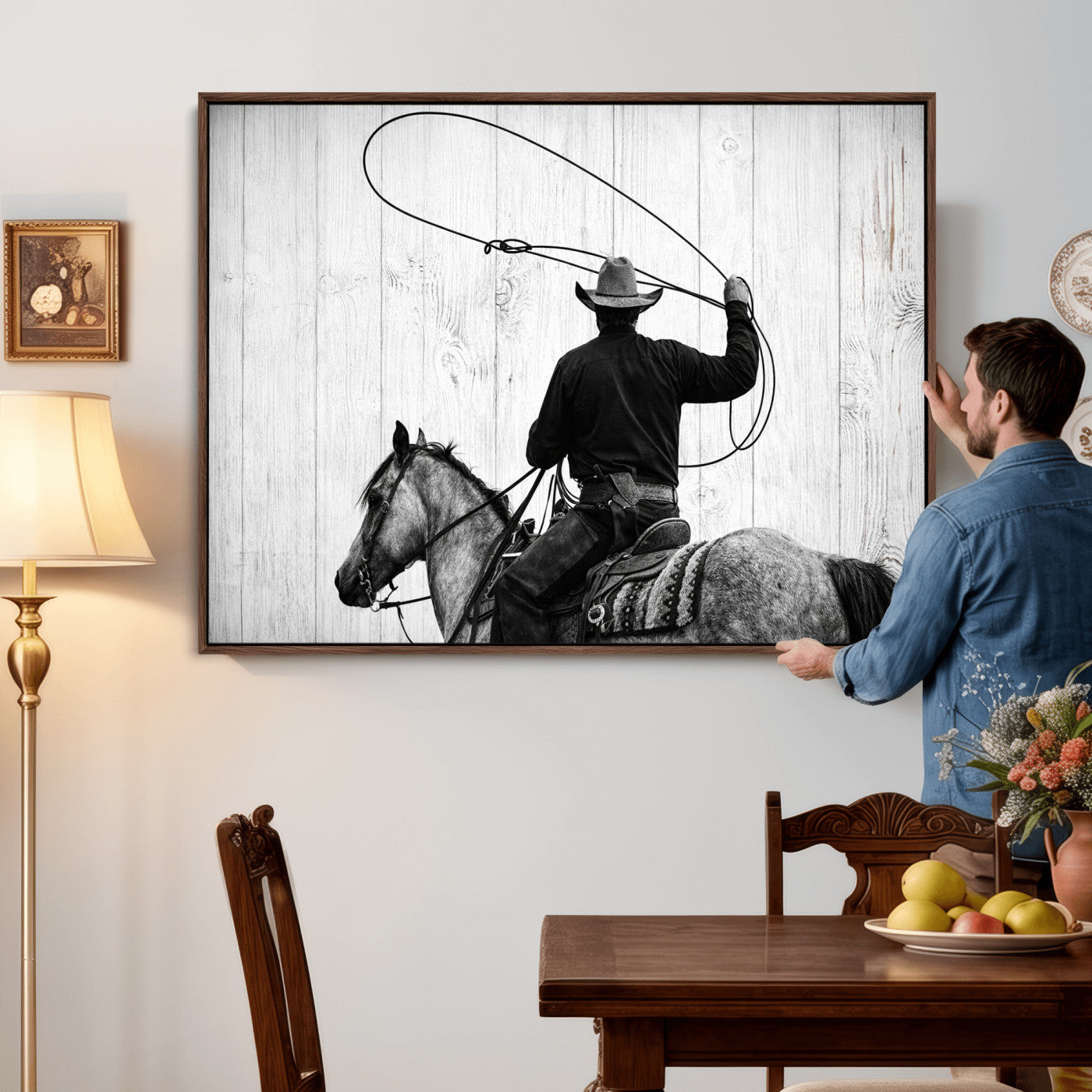 22569358-MGV-CV-36X24 - Cowboy Lasso Canvas Wall Art, Black White Western Horse Photo Print, Rustic Ranch Rodeo Decor, Farmhouse Western Art, Cowboy Gift for Him