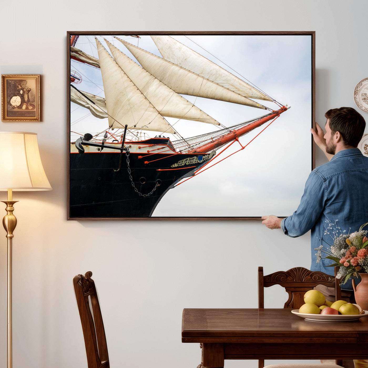 64830036-MGV-CV-36X24 - Sailboat Wall Art Canvas Print, Vintage Ship Bow Framed Artwork, Nautical Sailing Decor for Living Room Office Beach House