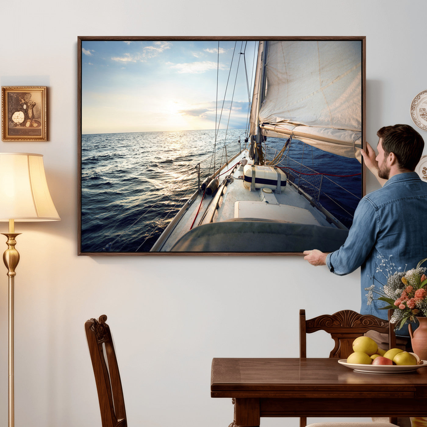 76381335-MGV-CV-36X24 - Sailboat Wall Art Canvas Print, Ocean Sunset Sailing Framed Artwork, Coastal Nautical Seascape Decor for Living Room Office Beach House