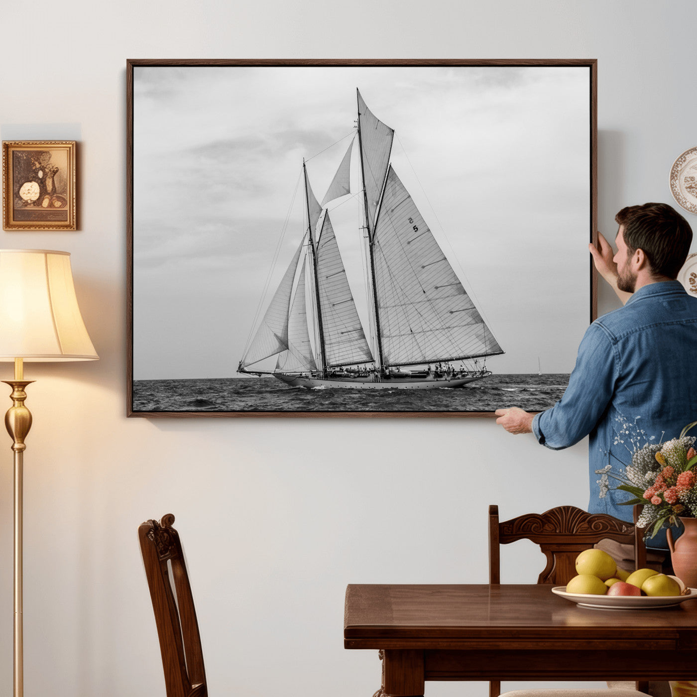 52882918-MGV-CV-36X24 - Vintage Sailboat Wall Art Canvas Print, Black and White Schooner Framed Artwork, Nautical Ocean Sailing Decor for Living Room Office Beach House