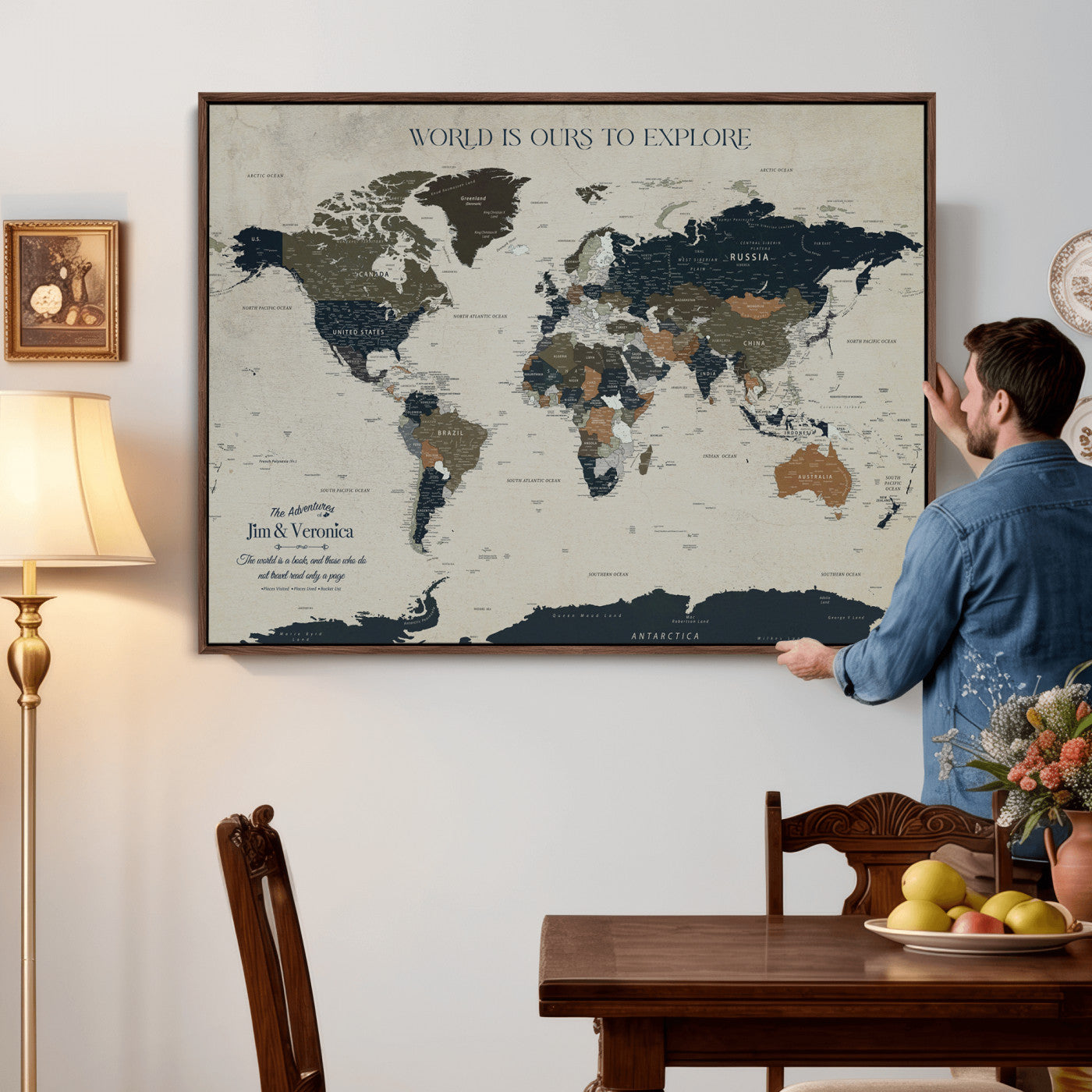 64110391126C-MGV-CV-36X24 - Custom Push Pin World Map Wall Art Canvas Print – Personalized Travel Tracker with Pins Framed Large for Home and Office Decor