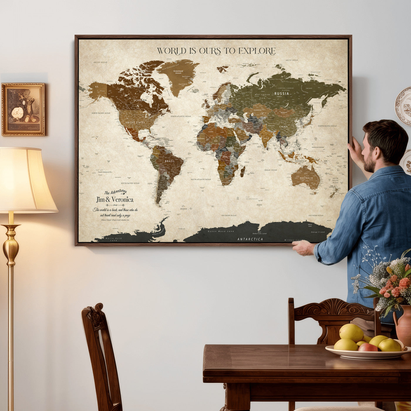 64110391126O-MGV-CV-36X24 - Custom Push Pin World Map Wall Art Canvas Print – Personalized Travel Tracker with Pins Framed Large for Home and Office Decor